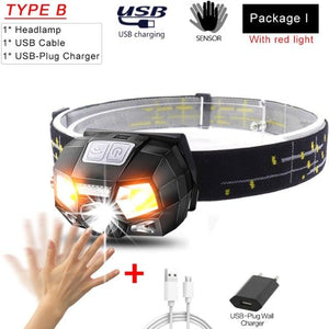 Rechargeable Powerful USB LED High Lumen Headlamp Ultra-Light Bright Headlight Waterproof Sensor Head Light  For Outdoors Camping Running Hiking Biking Fishing