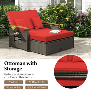 Outdoor Wicker Daybed with Folding Panels and Storage Ottoman-Red
