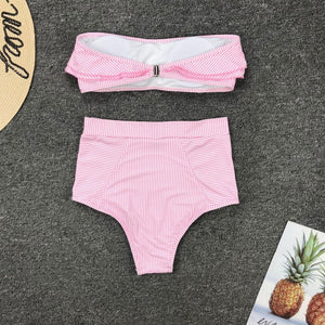Retro Blue White Striped High Waist Bikini Lady Swimwear Women Swimsuit Female Ruffle Swim Bathing Suit  Piece Vintage High Waist Bikini Set Ruffled Swimsuits For Women Bathing Suits