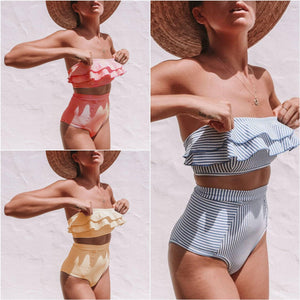 Retro Blue White Striped High Waist Bikini Lady Swimwear Women Swimsuit Female Ruffle Swim Bathing Suit  Piece Vintage High Waist Bikini Set Ruffled Swimsuits For Women Bathing Suits