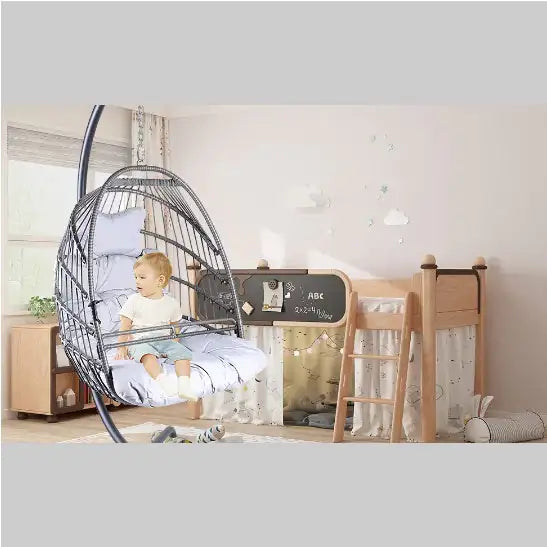 Swing Egg Chair With Stand Indoor And Outdoor Rattan Patio Basket Sling Chair With C-bracket, Patio Wicker Folding Sling Chair