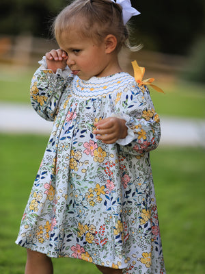 Fall  Embroidery Smocking Bow Floral Leaf Baby Girls Dress