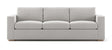 The Rio Sofa is a light gray three-seater with plush cushions and wide armrests, set against a white background with simple, modern design elements.
