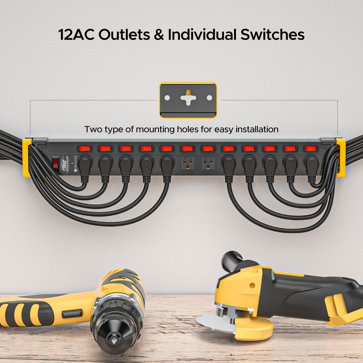 CRST Mountable 12 Outlets Individual Switches Metal Power Strip Surge Protector with Cord Holder, 9FT Flat Plug Power Cord, 1020J Protection 36 Months Warranty