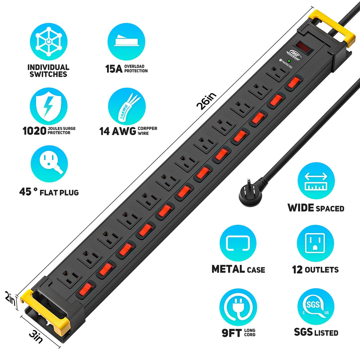 CRST Mountable 12 Outlets Individual Switches Metal Power Strip Surge Protector with Cord Holder, 9FT Flat Plug Power Cord, 1020J Protection 36 Months Warranty