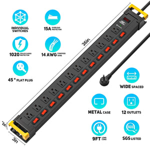 CRST Mountable 12 Outlets Individual Switches Metal Power Strip Surge Protector with Cord Holder, 9FT Flat Plug Power Cord, 1020J Protection 36 Months Warranty