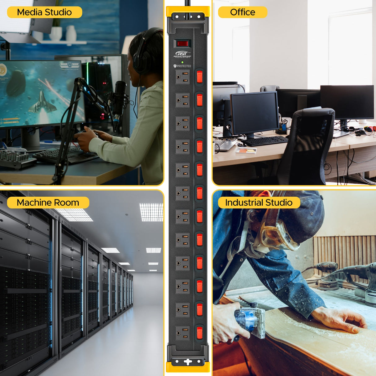CRST Mountable 12 Outlets Individual Switches Metal Power Strip Surge Protector with Cord Holder, 9FT Flat Plug Power Cord, 1020J Protection 36 Months Warranty