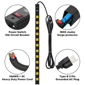CRST Wideoutlets 2.6" Wide Spaced 12 Outlets Mountable Metal Power Strip Surge Protector with 1800 Joule Protection & EMI Filter Heavy Duty Construction 15A Circuit Breaker Included