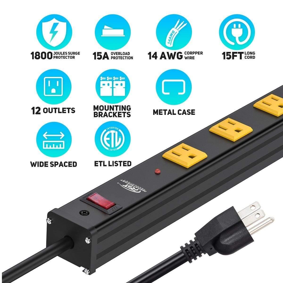 CRST Wideoutlets 2.6" Wide Spaced 12 Outlets Mountable Metal Power Strip Surge Protector with 1800 Joule Protection & EMI Filter Heavy Duty Construction 15A Circuit Breaker Included