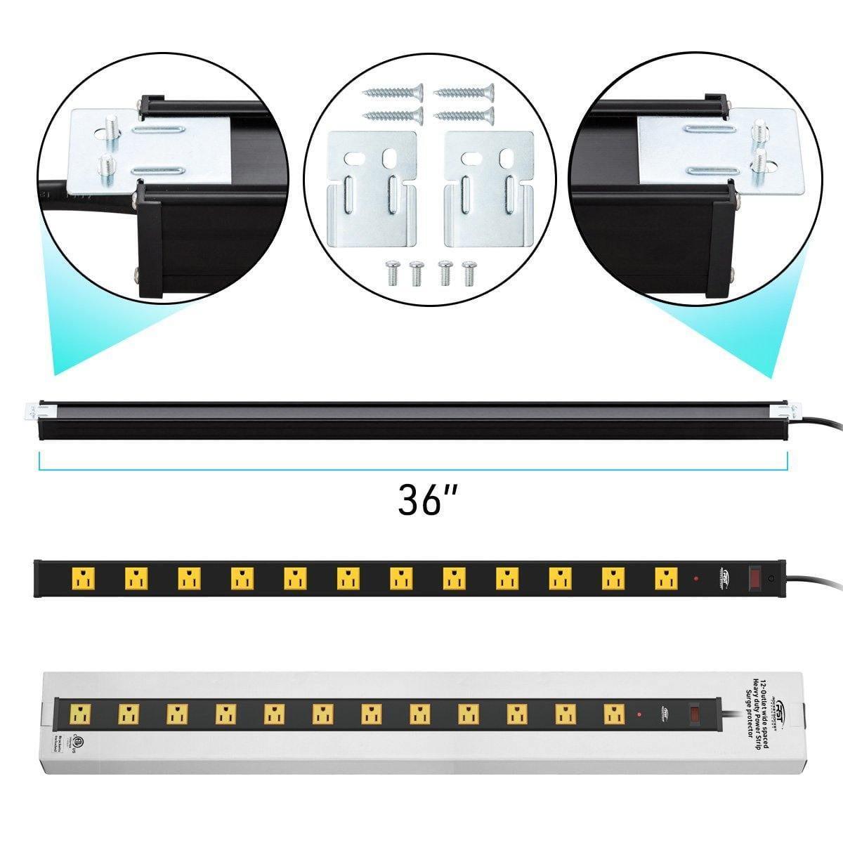 CRST Wideoutlets 2.6" Wide Spaced 12 Outlets Mountable Metal Power Strip Surge Protector with 1800 Joule Protection & EMI Filter Heavy Duty Construction 15A Circuit Breaker Included