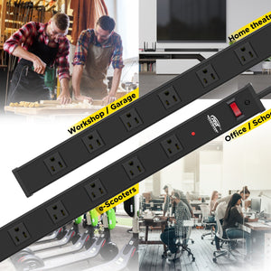 CRST 2.6" Wide Space 16 Outlets Mountable Metal Long Power Strip Surge Protector, Optional 15FT/6FT Power Cord, Mounting Brackets Included