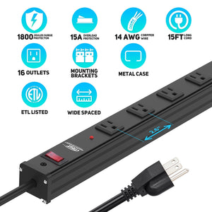 CRST 2.6" Wide Space 16 Outlets Mountable Metal Long Power Strip Surge Protector, Optional 15FT/6FT Power Cord, Mounting Brackets Included