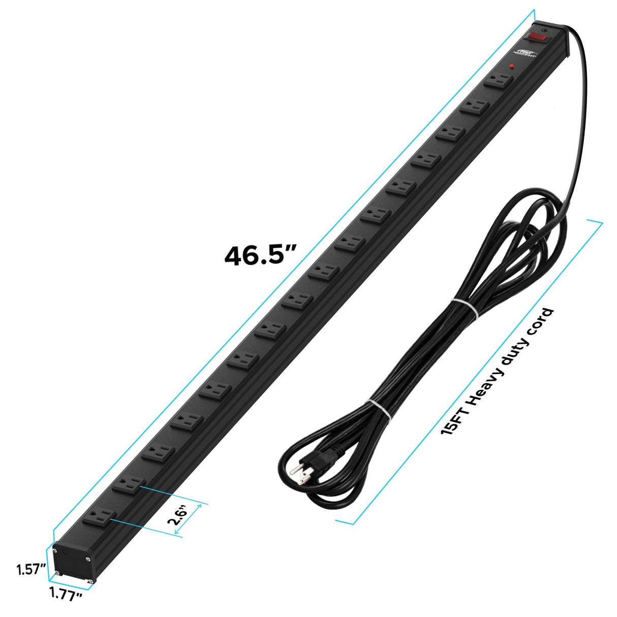 CRST 2.6" Wide Space 16 Outlets Mountable Metal Long Power Strip Surge Protector, Optional 15FT/6FT Power Cord, Mounting Brackets Included