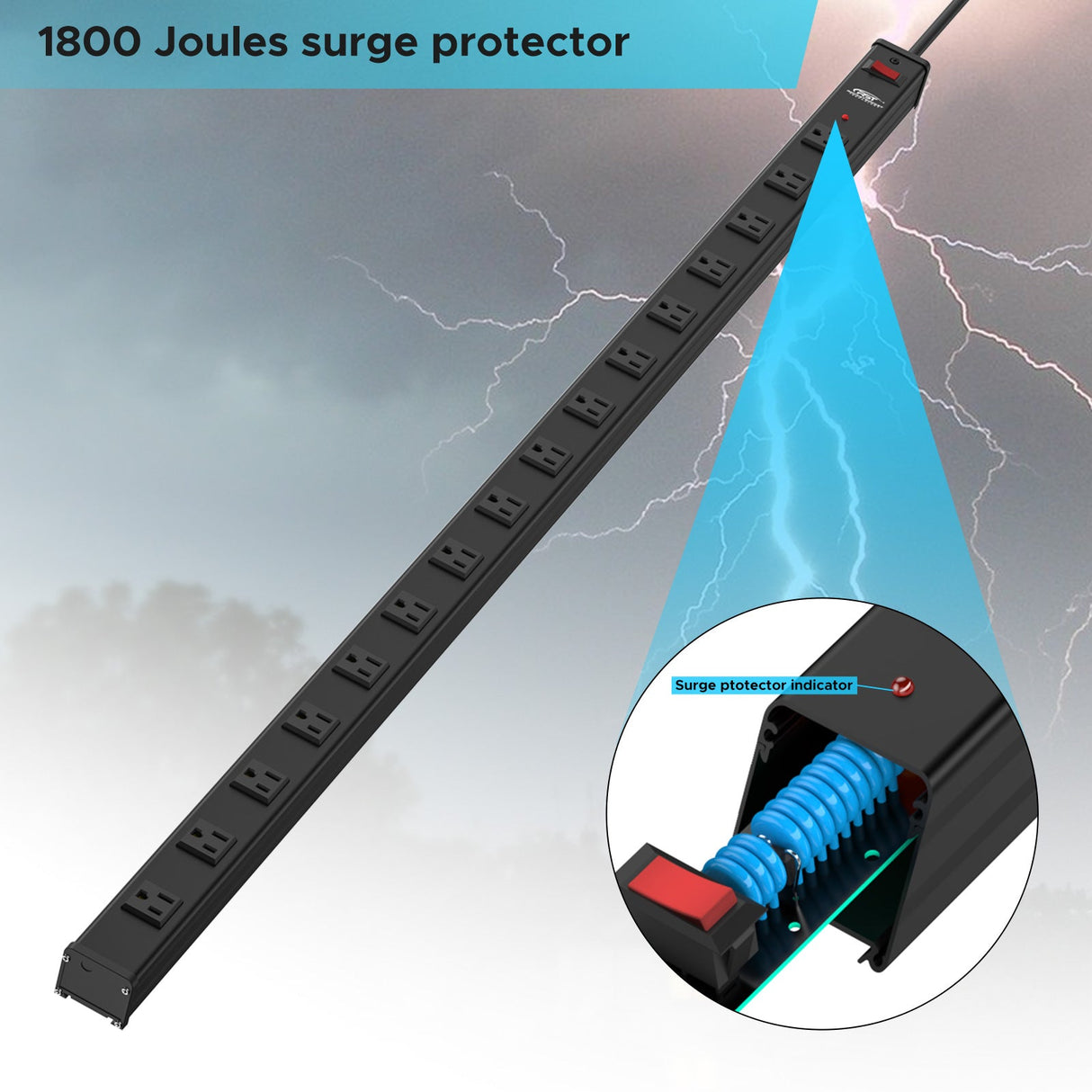 CRST 2.6" Wide Space 16 Outlets Mountable Metal Long Power Strip Surge Protector, Optional 15FT/6FT Power Cord, Mounting Brackets Included