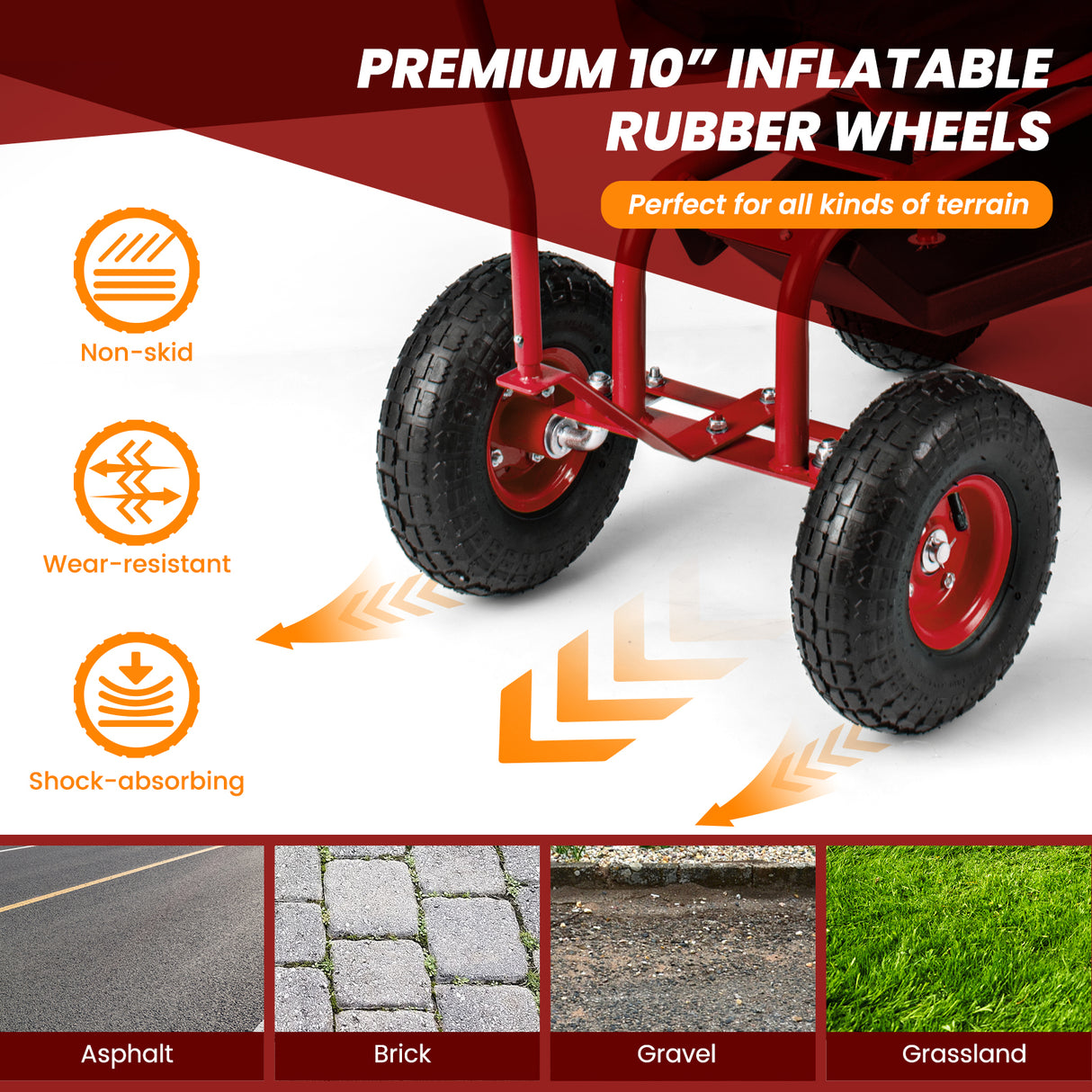Rolling Garden Cart with Height Adjustable Swivel Seat and Storage Basket-Red