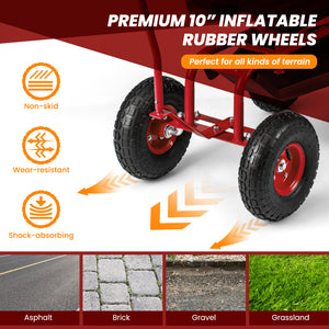 Rolling Garden Cart with Height Adjustable Swivel Seat and Storage Basket-Red
