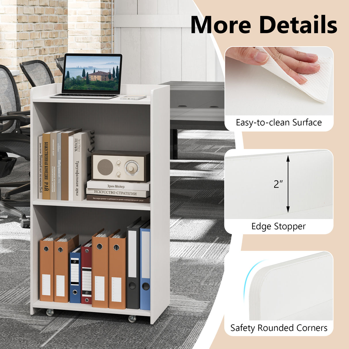 Rolling Podium Stand with 2 Shelves and Lockable Wheels-White