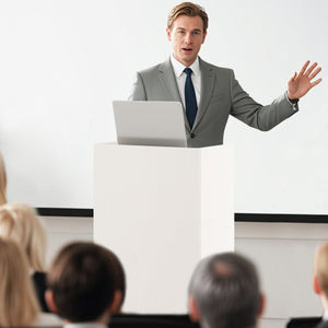 Rolling Podium Stand with 2 Shelves and Lockable Wheels-White