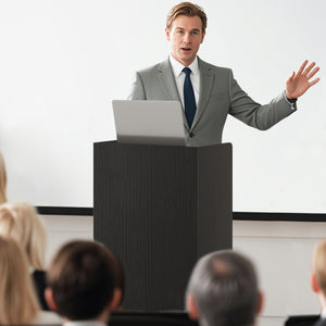 Rolling Podium Stand with 2 Shelves and Lockable Wheels-Black