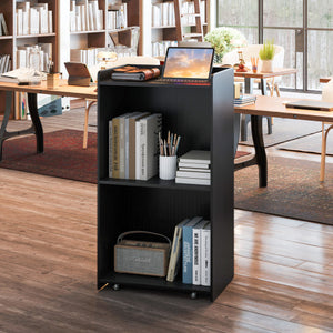 Rolling Podium Stand with 2 Shelves and Lockable Wheels-Black