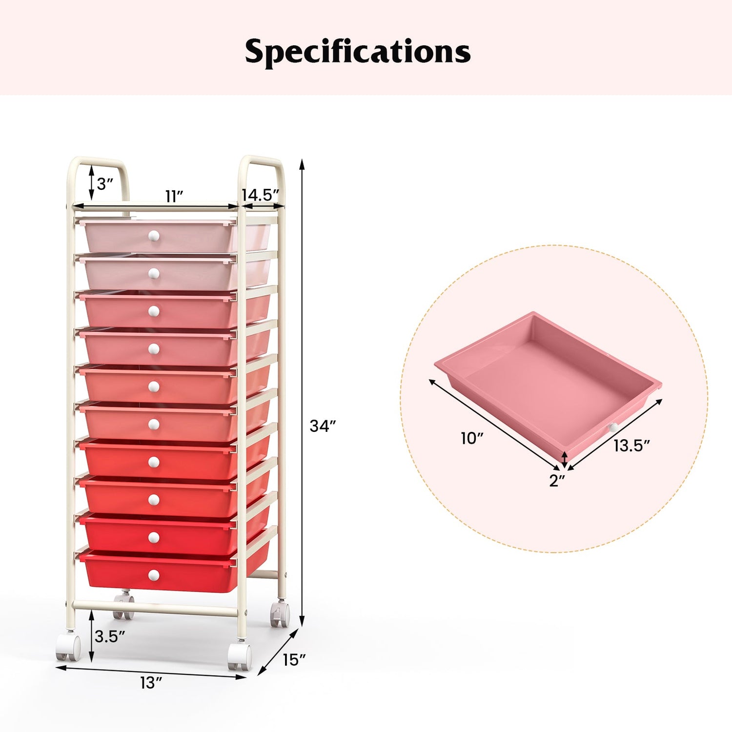10 Drawer Rolling Storage Cart Organizer with 4 Universal Casters-Gradient Pink by DirectDeals