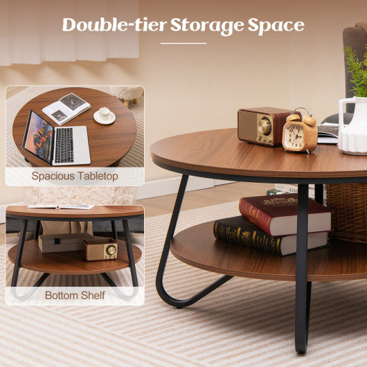 33.5" Round Coffee Table with Wood Grain Finish and Heavy-duty Metal Frame-Walnut
