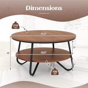 33.5" Round Coffee Table with Wood Grain Finish and Heavy-duty Metal Frame-Walnut