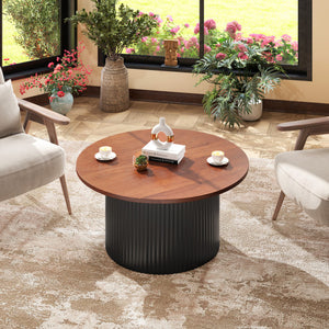 Round Coffee Table with Solid Wood Frame and Wooden Top-Walnut
