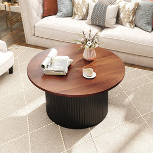 Round Coffee Table with Solid Wood Frame and Wooden Top-Walnut