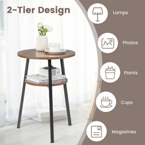 2-Tier Round End Table Set of 2 with Open Shelf and Triangular Metal Frame-Walnut