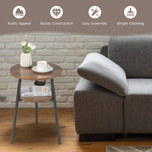 2-Tier Round End Table Set of 2 with Open Shelf and Triangular Metal Frame-Walnut