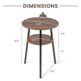 2-Tier Round End Table Set of 2 with Open Shelf and Triangular Metal Frame-Walnut