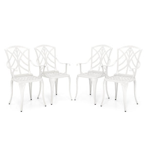 Set of 4 Cast Aluminum Patio Dining Chairs with Armrests and Decorative Patterns