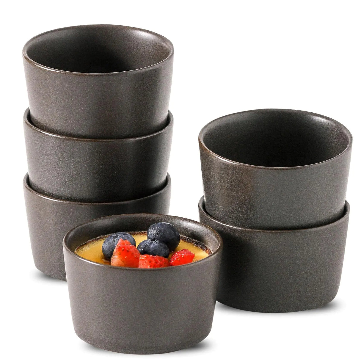 Tikooere Ramekins 4 oz Oven Safe Soufflé Dishes for Creme Brulee Souffle Pudding Ice Cream Stoneware Custard Cups for Baking Small Ceramic Bowls Set of 6 Kitchen Decor Gift Matte Black