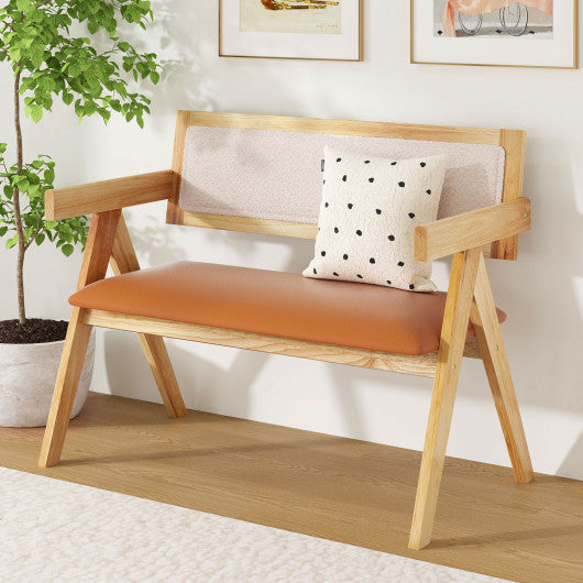 Rubber Wood Dining Bench with Armrest Sherpa Upholstered Backrest and Soft-padded Seat-Natural
