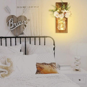 Rustic Wall Sconces Flower Lamp Mason Jar Sconce Handmade Wall Art Hanging Home Decoration 2 Set with LED Fairy Lights Decorative  Peony Flower
