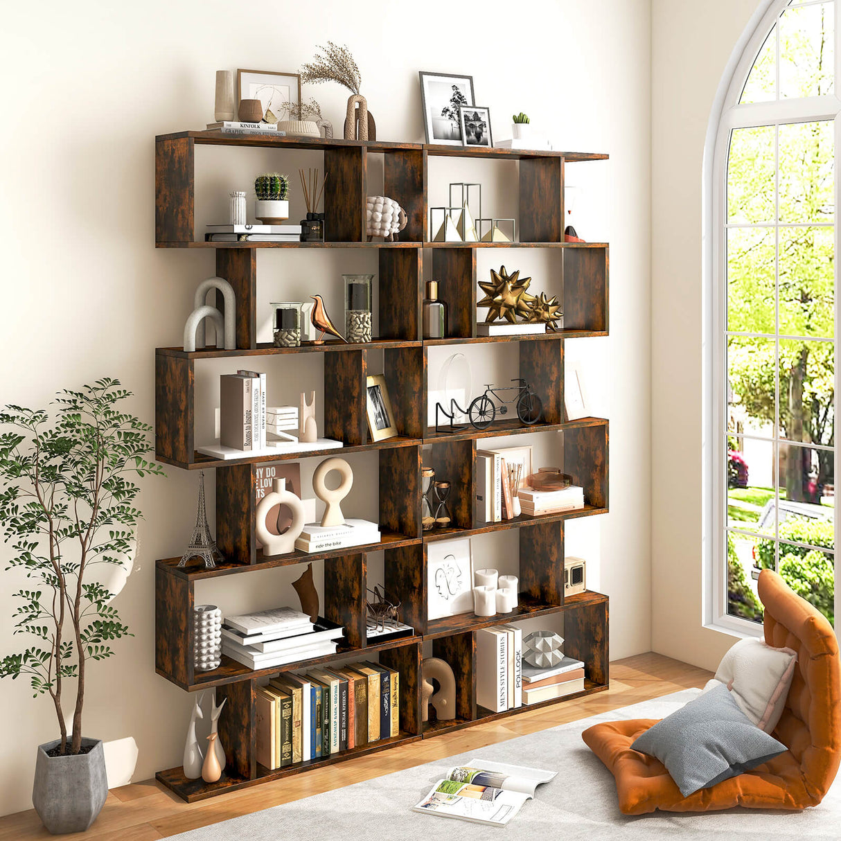6 Tier S-Shaped Bookshelf Storage Display Bookcase Decor Z-Shelf -Black