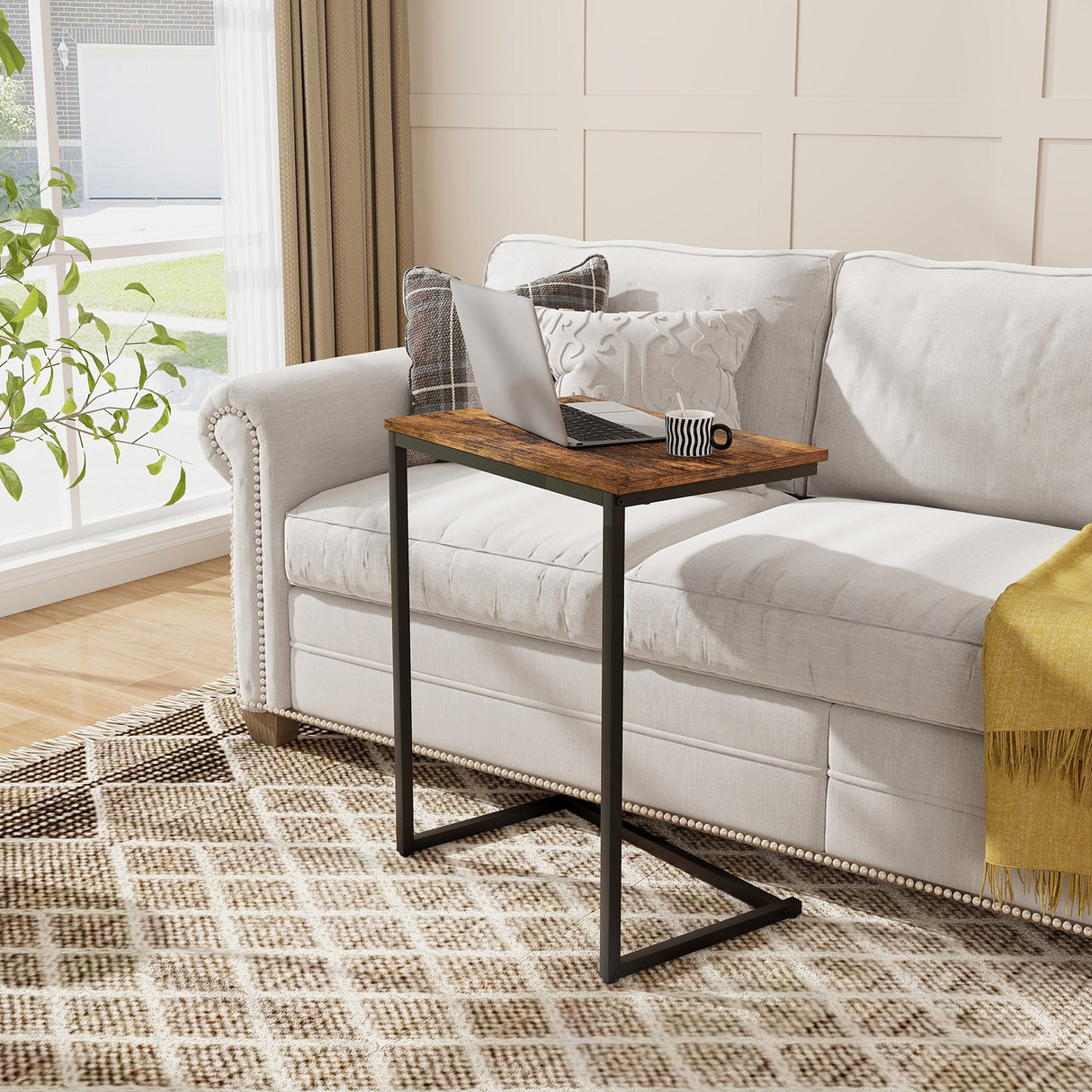 C-shaped Industrial End Table with Metal Frame