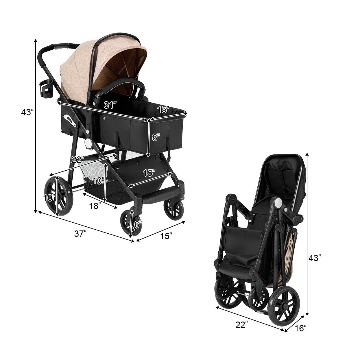 2-in-1 Foldable Pushchair Newborn Infant Baby Stroller-Black