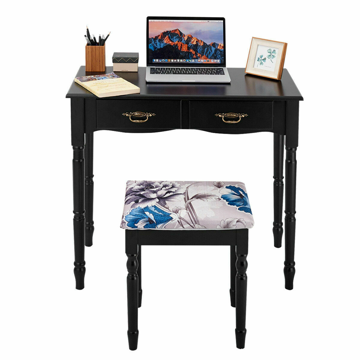 Simple Vanity Set with Tri-Folding Mirror Drawers and Storage Shelf-White