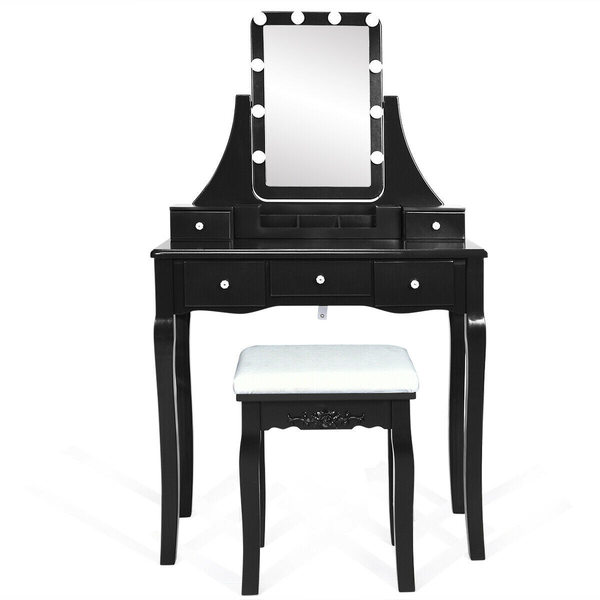 10 Dimmable Light Bulbs Vanity Dressing Table with 2 Dividers and Cushioned Stool-Black by DirectDeals