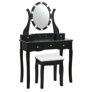 10 Dimmable Lights Vanity Table Set with Lighted Mirror and Cushioned Stool-Black by DirectDeals