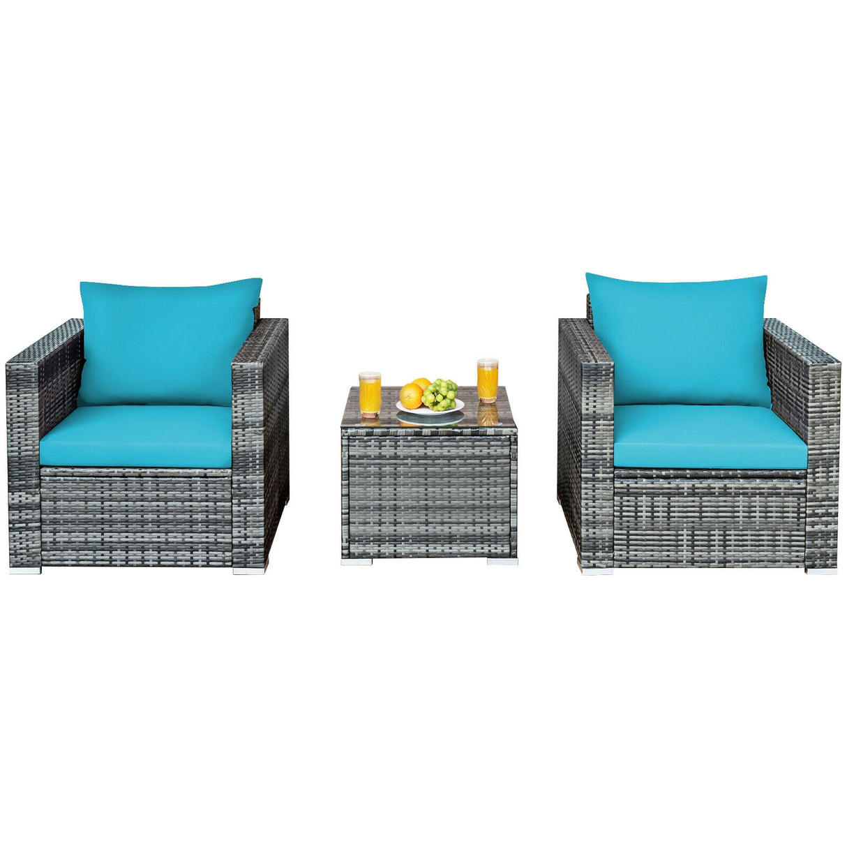 3 Pcs Patio Rattan Furniture Bistro Sofa Set with Cushioned-Gray