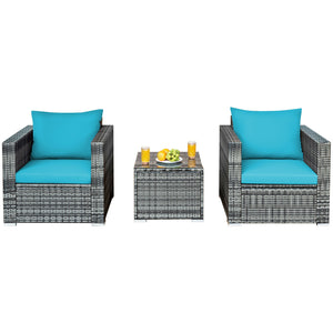 3 Pcs Patio Rattan Furniture Bistro Sofa Set with Cushioned-Gray