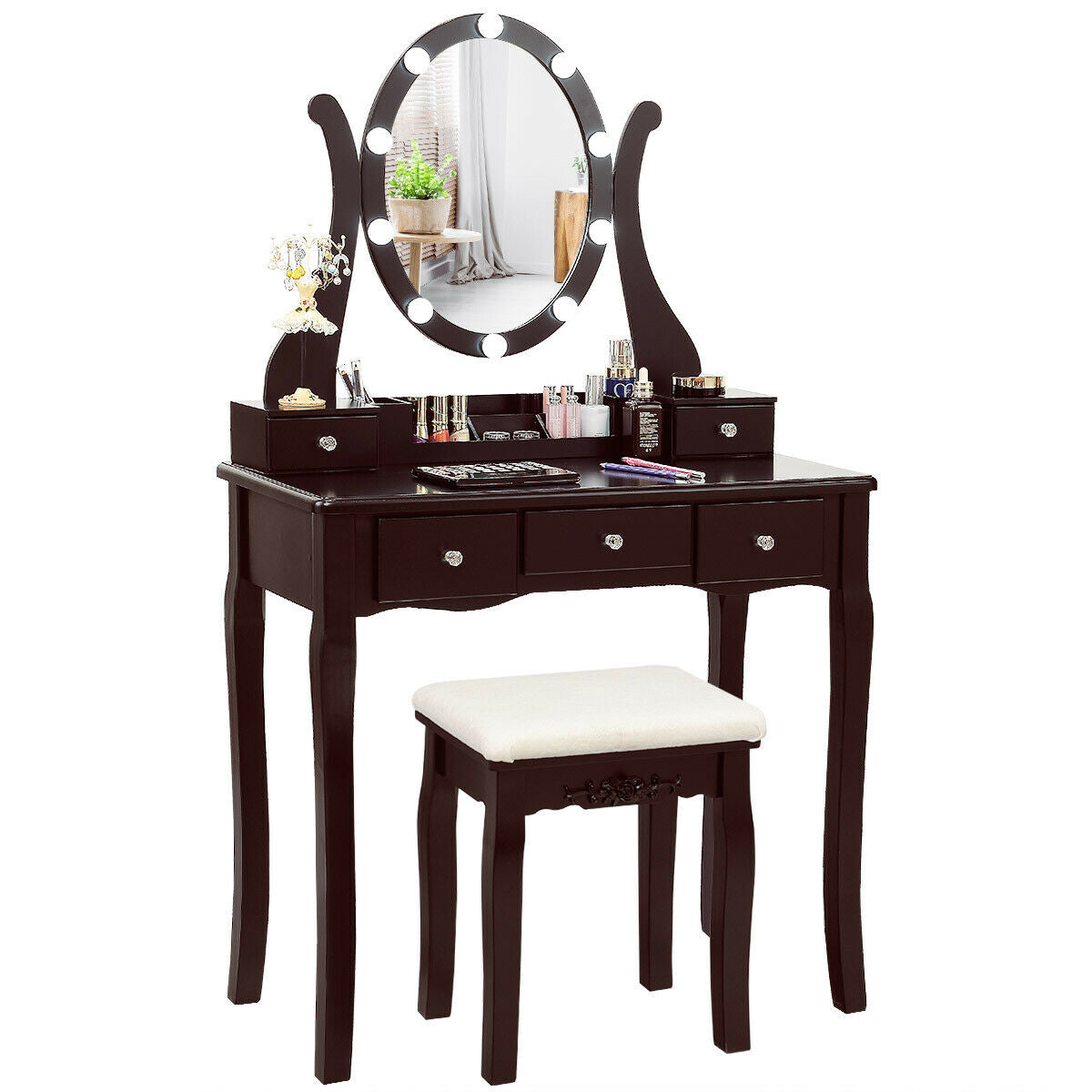 10 Dimmable Lights Vanity Table Set with Lighted Mirror and Cushioned Stool-Black