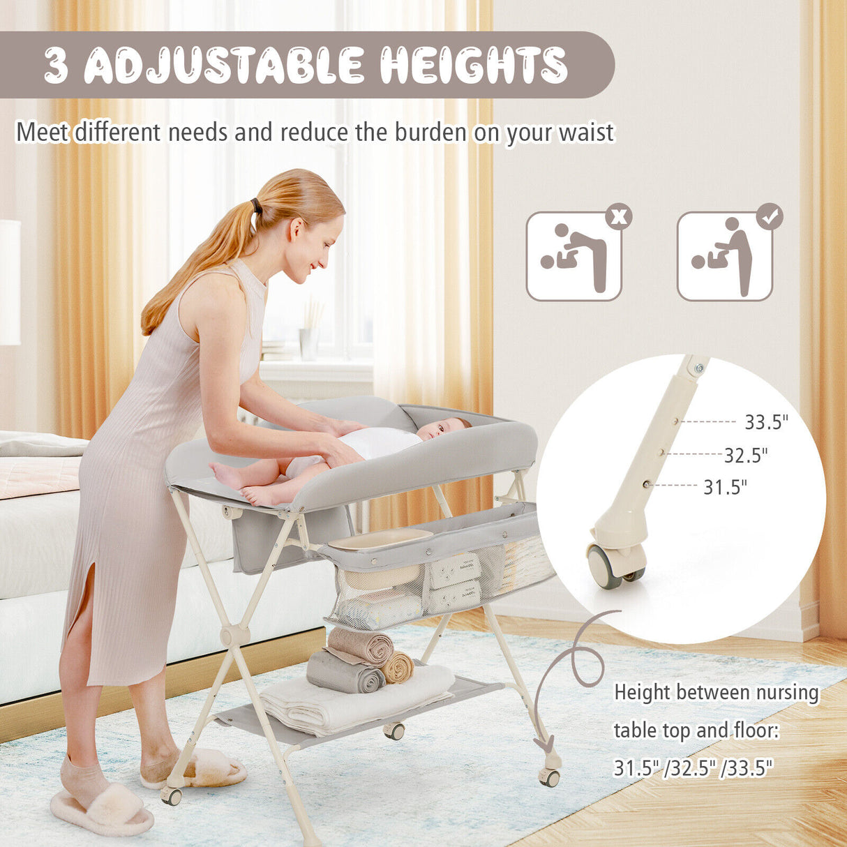 Baby Diaper Changing Table with Water Basin Wheel-Green