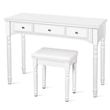 Makeup Dressing Table with Tri-Folding Mirror and Cushioned Stool for Women-White