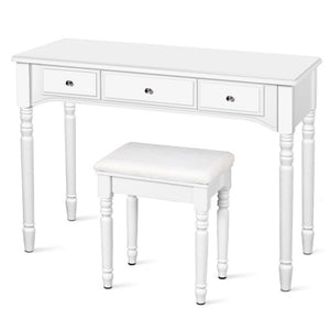 Makeup Dressing Table with Tri-Folding Mirror and Cushioned Stool for Women-White