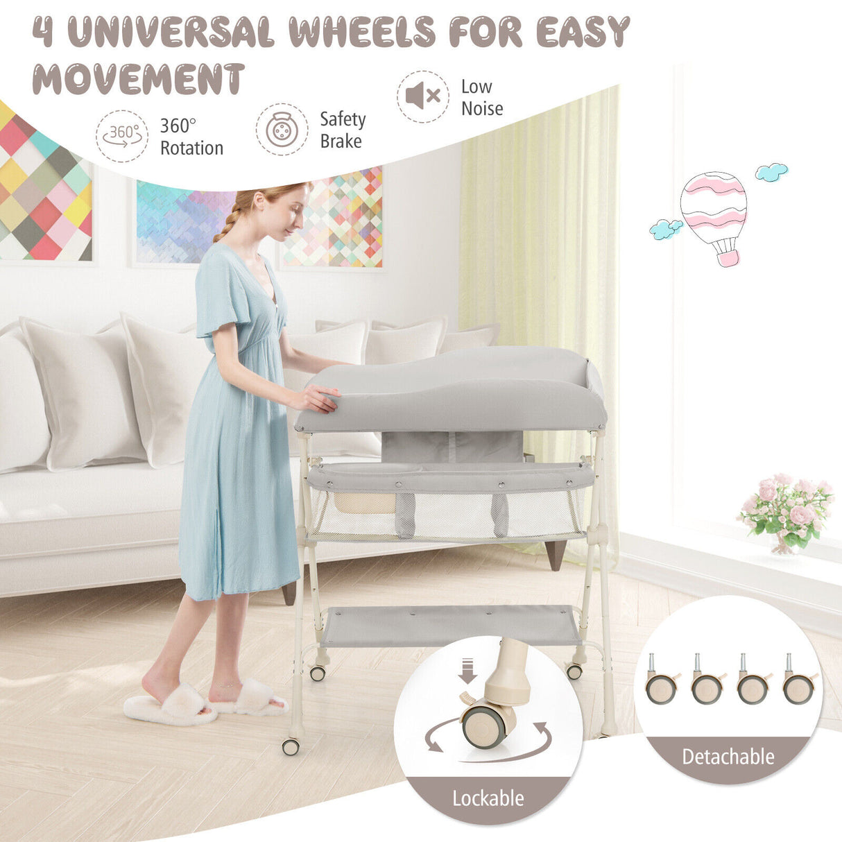 Baby Diaper Changing Table with Water Basin Wheel-Green