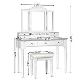 Makeup Dressing Table with Tri-Folding Mirror and Cushioned Stool for Women-White